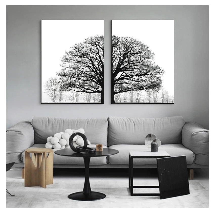 and White Painting Decorative Pictures Scandinavian Style Trees Posters Living Room Home Decor Winter Tree Wall Art Print Black