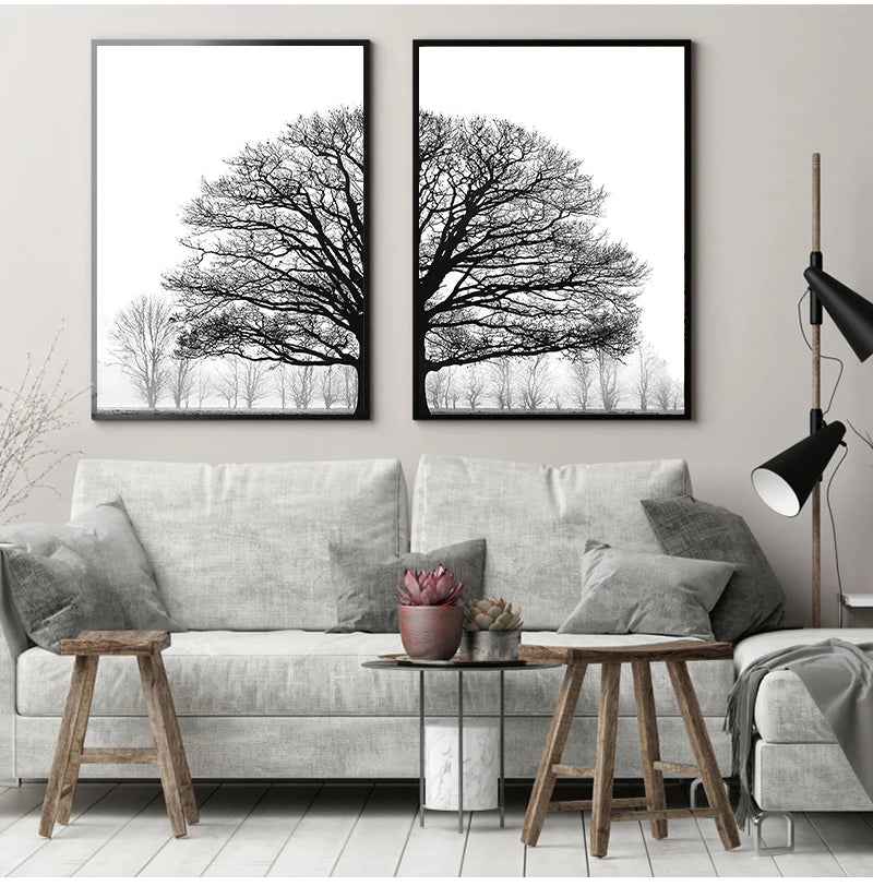 and White Painting Decorative Pictures Scandinavian Style Trees Posters Living Room Home Decor Winter Tree Wall Art Print Black