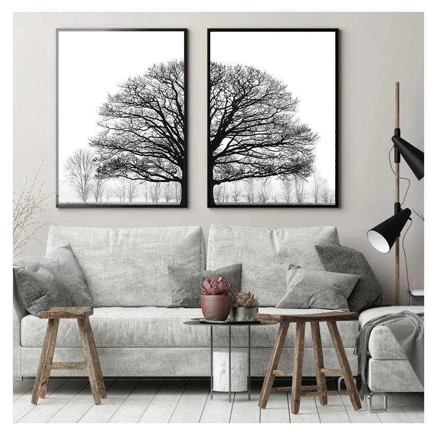 and White Painting Decorative Pictures Scandinavian Style Trees Posters Living Room Home Decor Winter Tree Wall Art Print Black