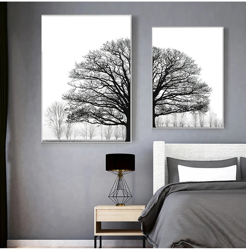 and White Painting Decorative Pictures Scandinavian Style Trees Posters Living Room Home Decor Winter Tree Wall Art Print Black