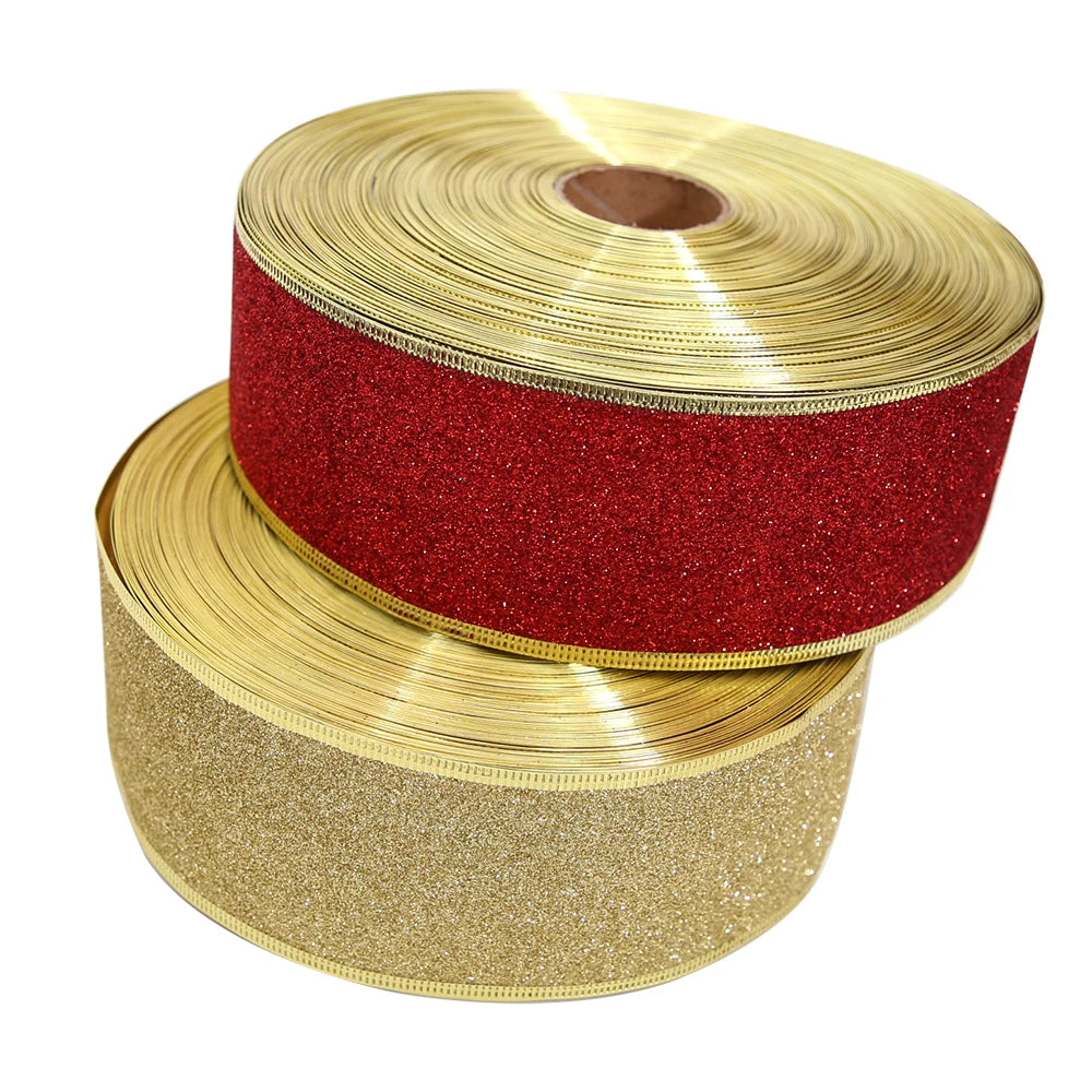 200cm*6.3cm Glitter Decorative Ribbons Red Silver Gold Ribbon With Iron Wire Christmas Decoration Ribbons for Crafts Bows