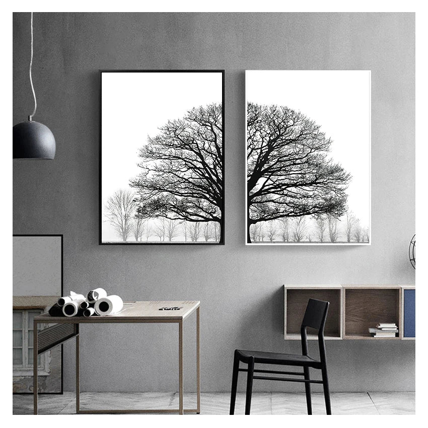 and White Painting Decorative Pictures Scandinavian Style Trees Posters Living Room Home Decor Winter Tree Wall Art Print Black