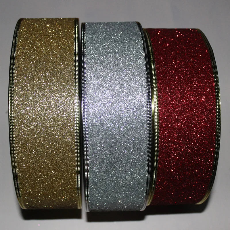 200cm*6.3cm Glitter Decorative Ribbons Red Silver Gold Ribbon With Iron Wire Christmas Decoration Ribbons for Crafts Bows