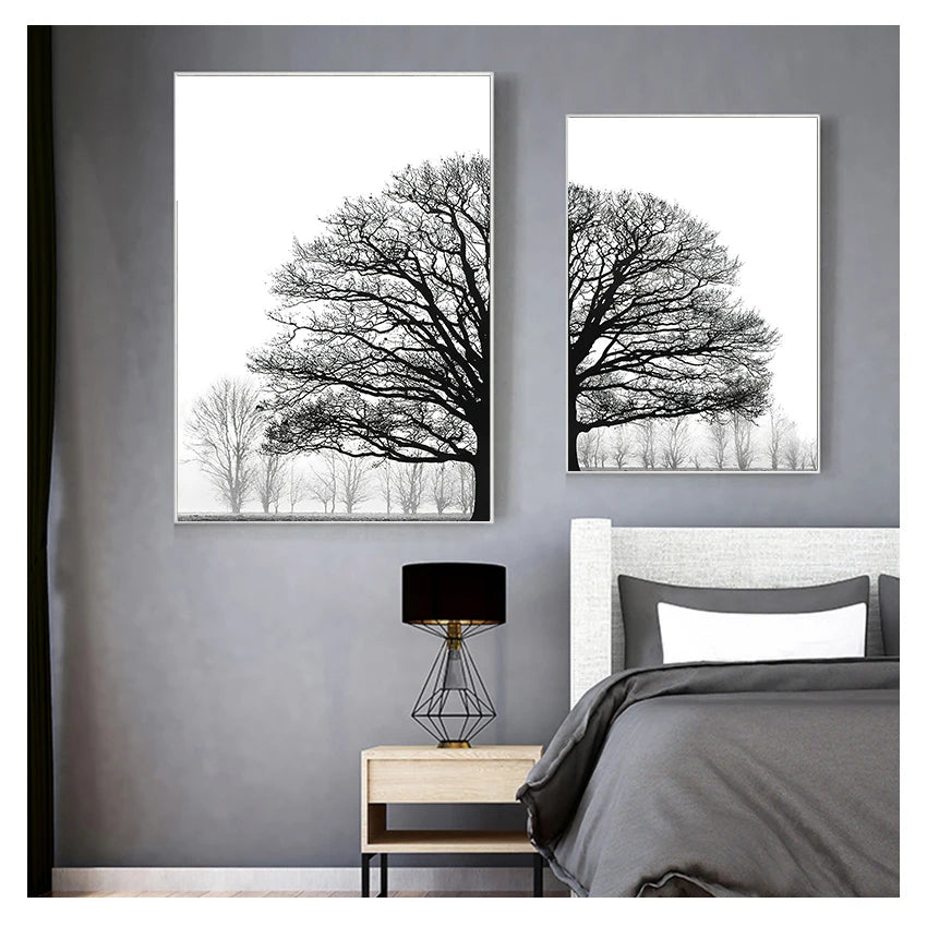 and White Painting Decorative Pictures Scandinavian Style Trees Posters Living Room Home Decor Winter Tree Wall Art Print Black