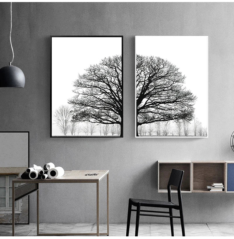 and White Painting Decorative Pictures Scandinavian Style Trees Posters Living Room Home Decor Winter Tree Wall Art Print Black