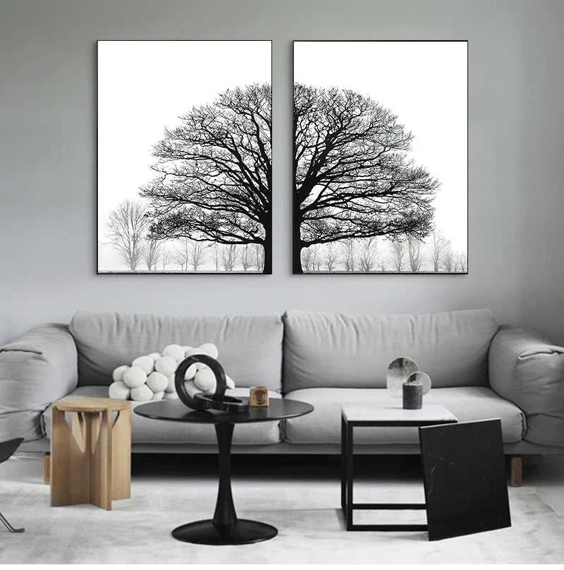 and White Painting Decorative Pictures Scandinavian Style Trees Posters Living Room Home Decor Winter Tree Wall Art Print Black