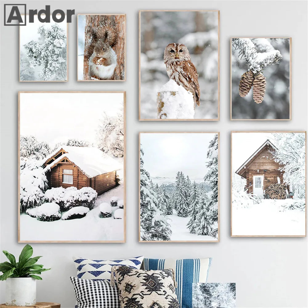 Winter Snow Forest House Wall Art Painting Fox Owl Deer Animal Canvas Poster Pine Prints Nordic Wall Pictures Living Room Decor