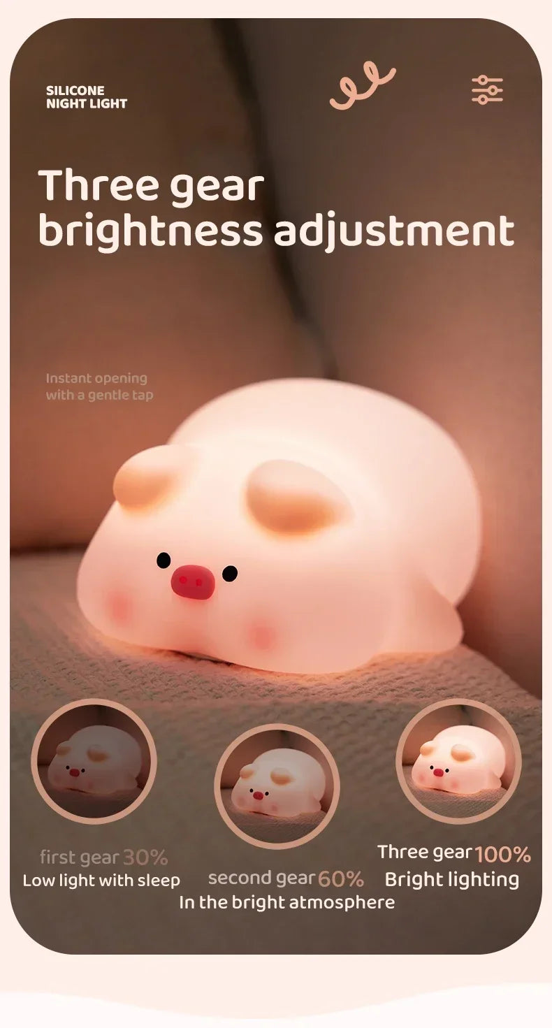 Piggy Bunny Night Light Led Table Lamp for Baby Nursery Room Decor Bedroom Bedside Rechargeable Dimmable Silicone Nightlight