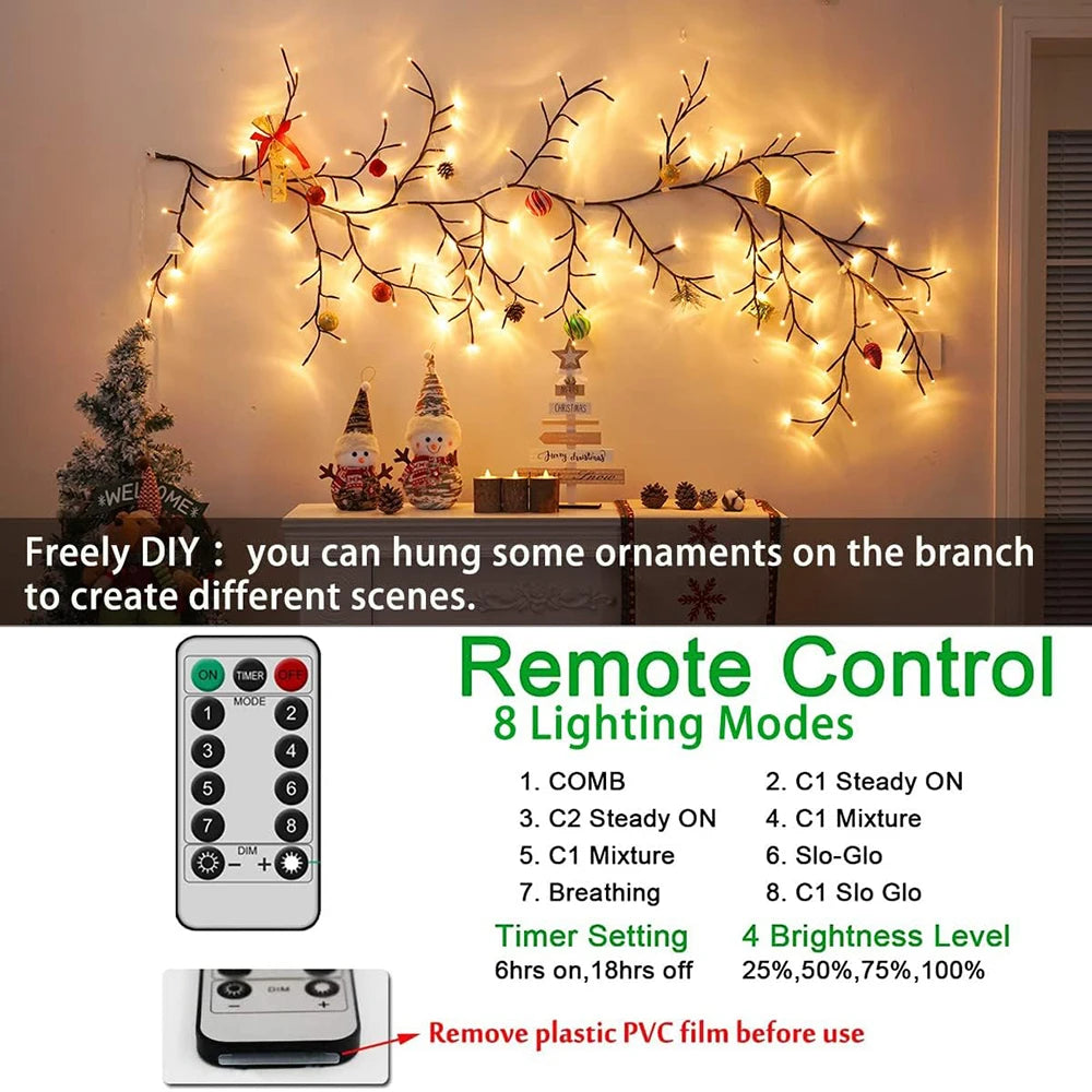 1PCS 72LED/96LED Tree Branch Lamp USB Powered DIY Festive Tree Vine Light For Home Decoration Solar Powered Willow Vine Lights