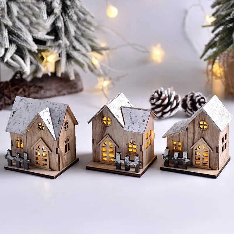 Merry Christmas LED Light Wooden House Decorations for Home DIY Xmas Tree Ornaments Short Eye Catching Kids Gifts New Year