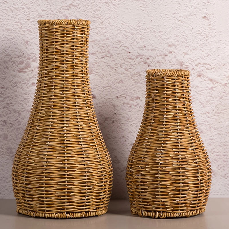 Retro Handmade Woven Vase Imitation Rattan Flower Plant Potted Flower Basket Bouquet Holder Wedding Home Office Table Decorative