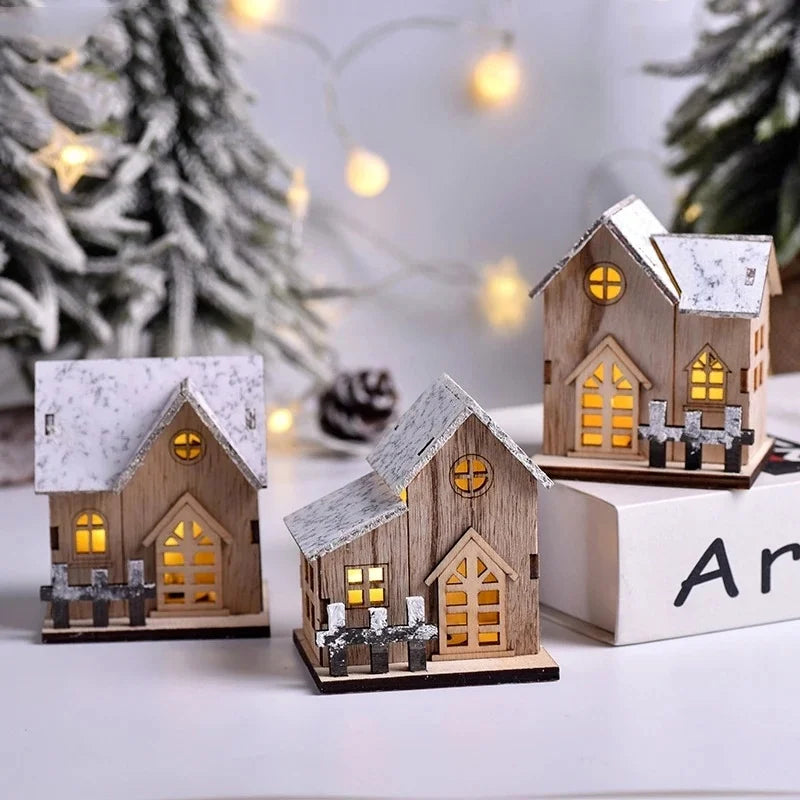 Merry Christmas LED Light Wooden House Decorations for Home DIY Xmas Tree Ornaments Short Eye Catching Kids Gifts New Year