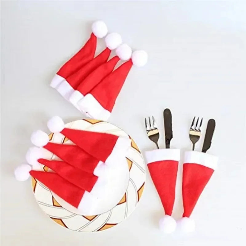 Santa Hat Ornament Utensil Holder Bag Santa Hat Fork Knife Cutlery Bag Christmas Home Decor 2024 Christmas Ornament Navidad 2025