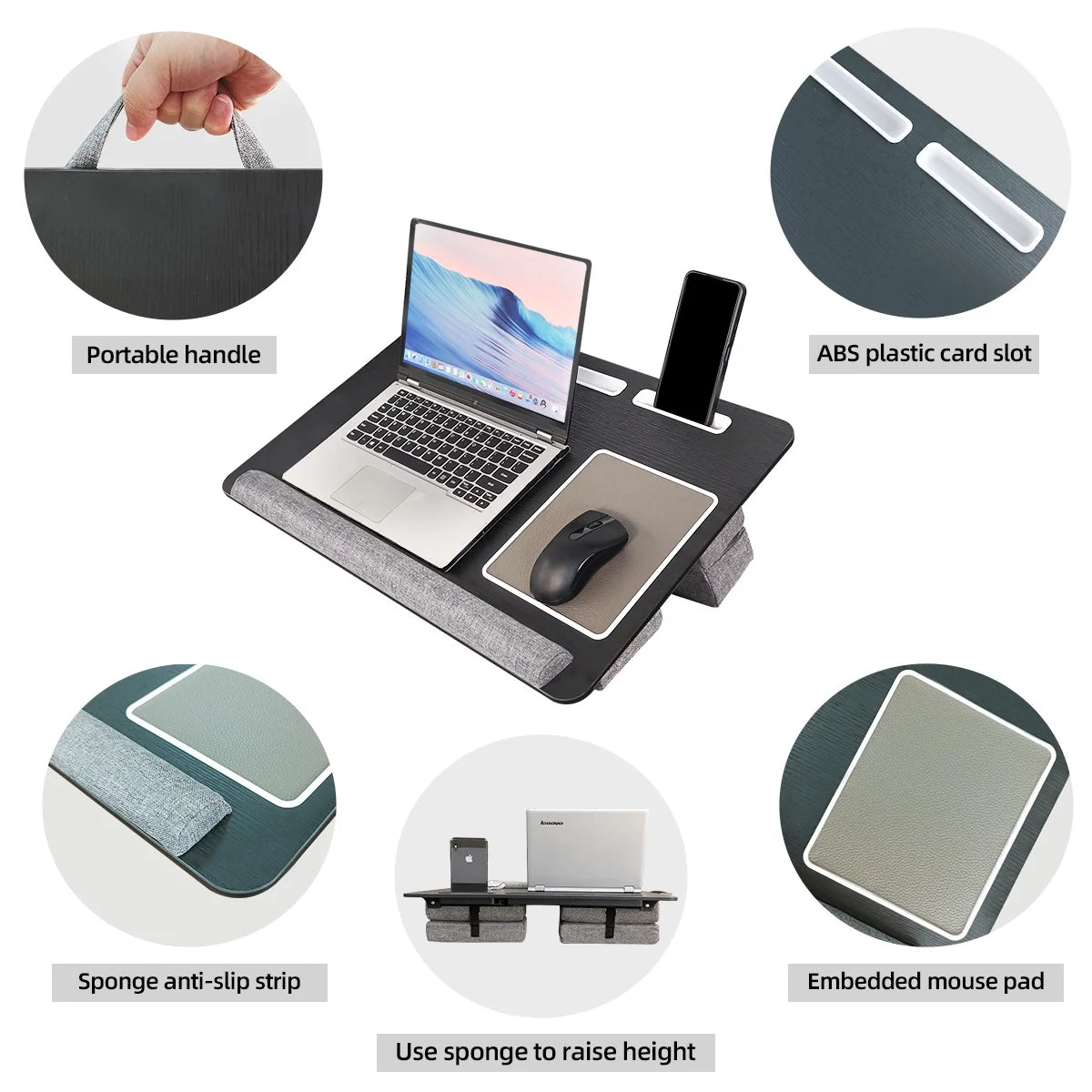 Portable Folding Laptop Bed Table MUMUCC with Cushion Handle Slot for Mouse Pad Wooden Gaming Desk for Computer