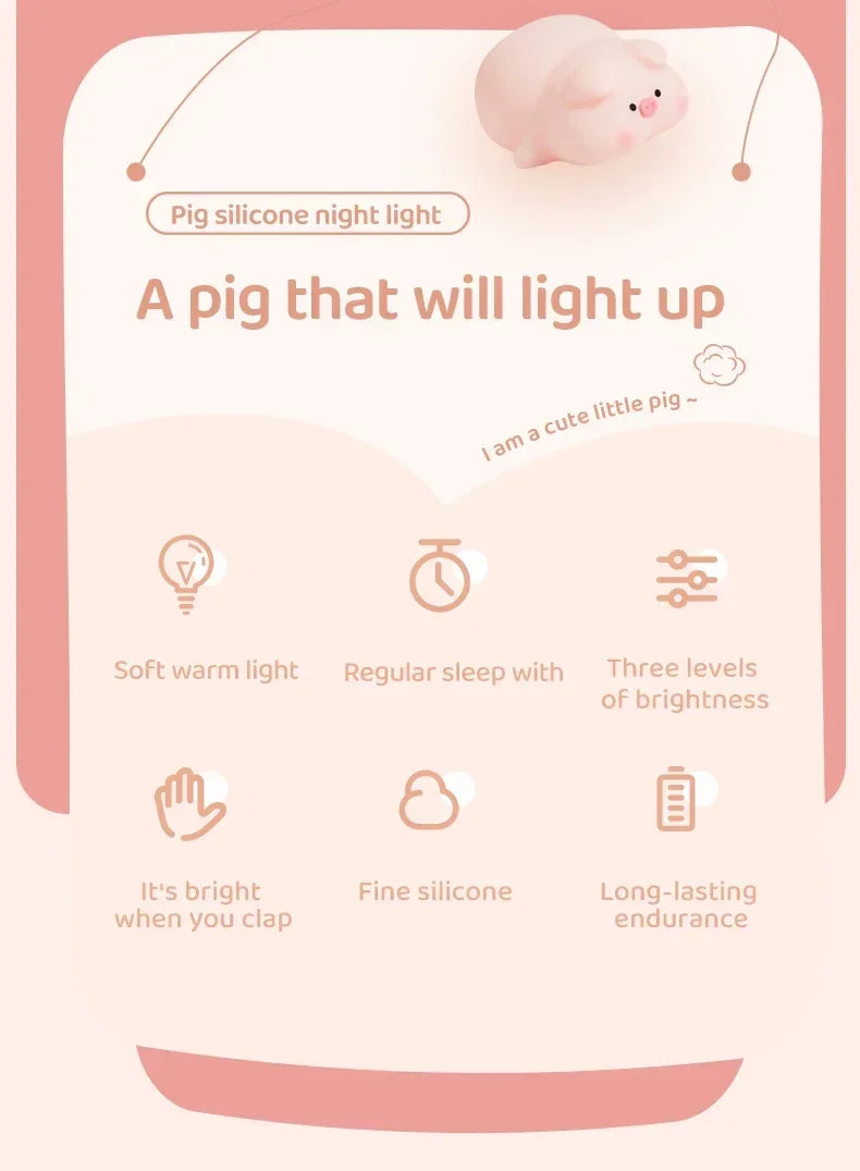 Piggy Bunny Night Light Led Table Lamp for Baby Nursery Room Decor Bedroom Bedside Rechargeable Dimmable Silicone Nightlight