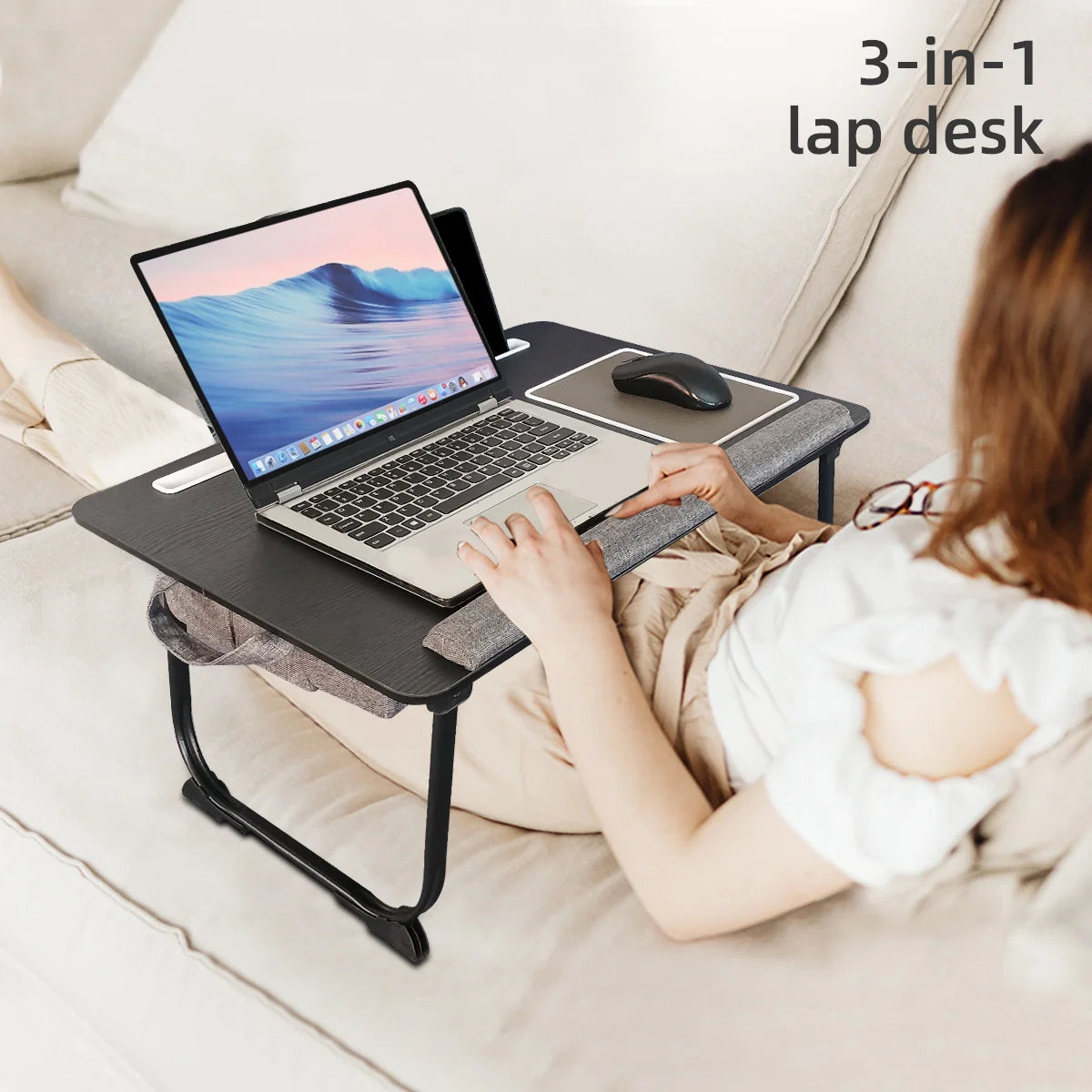 Portable Folding Laptop Bed Table MUMUCC with Cushion Handle Slot for Mouse Pad Wooden Gaming Desk for Computer