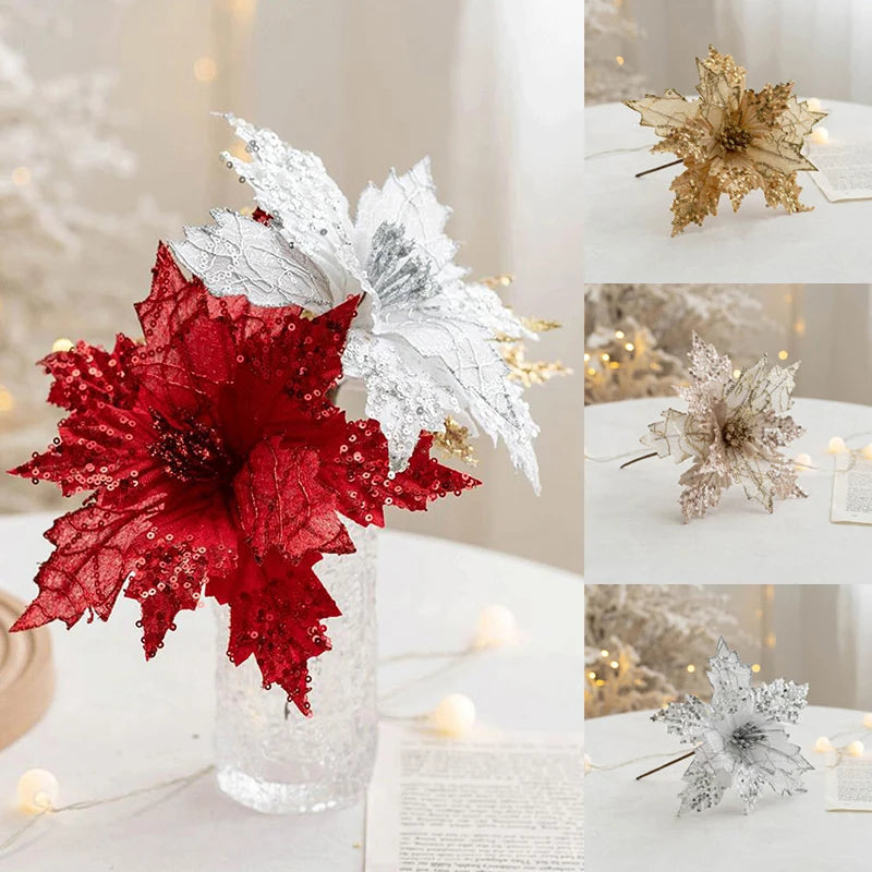 1PC Glitter Artificial Christmas Flowers Christmas Tree Decorations Home Fake Flowers Christmas Ornaments New Year Decorations