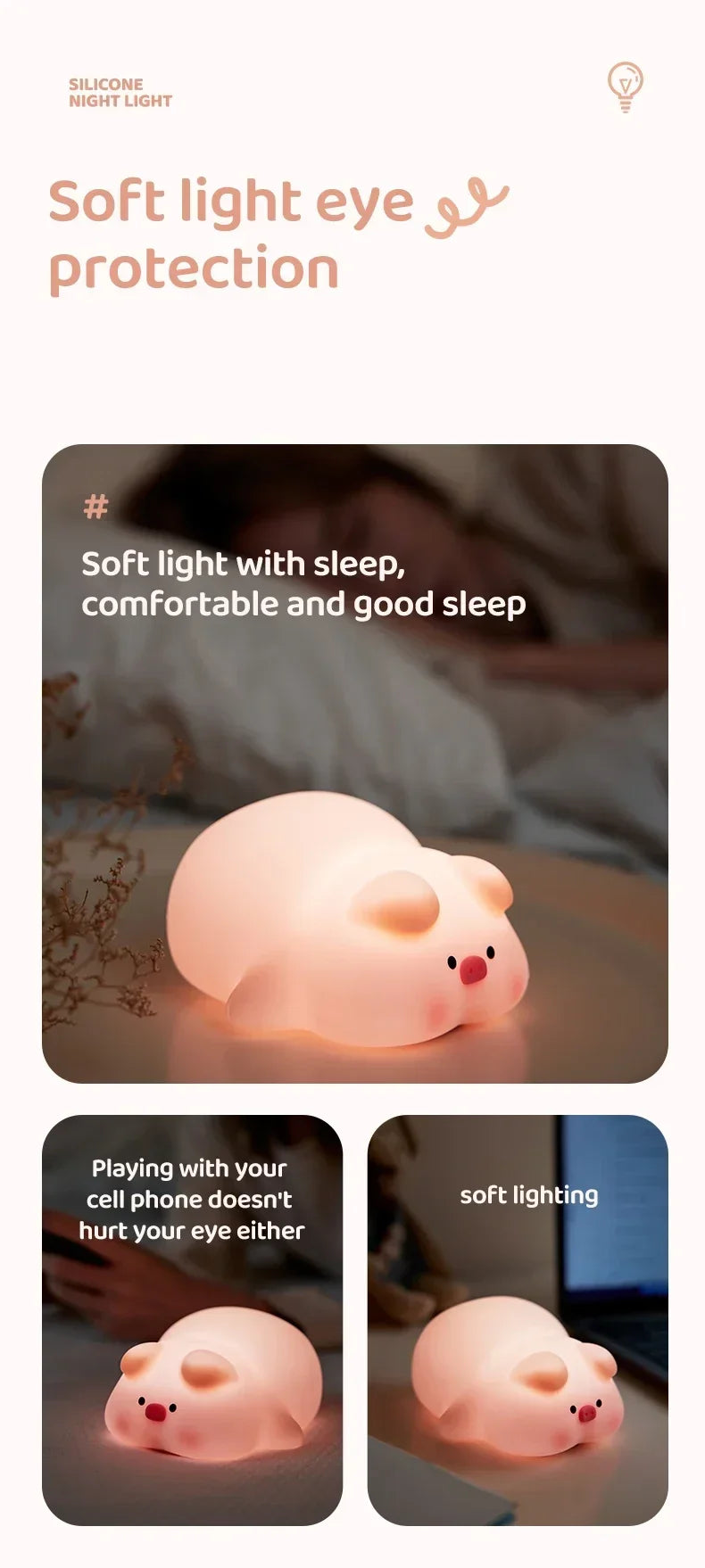 Piggy Bunny Night Light Led Table Lamp for Baby Nursery Room Decor Bedroom Bedside Rechargeable Dimmable Silicone Nightlight