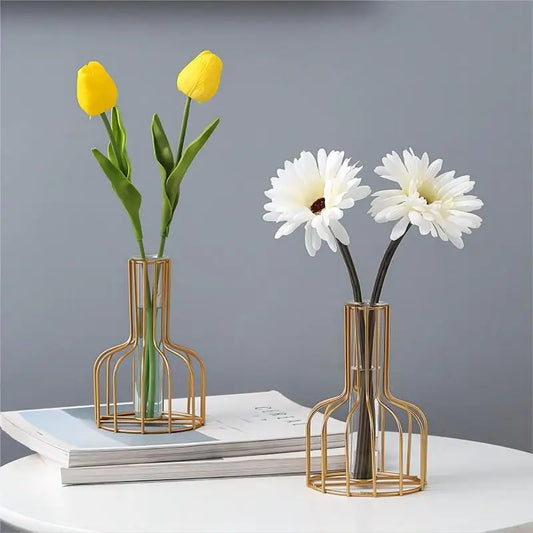 Transparent Simulation Flower Dried Flower Arrangement Container Hollow Out Iron Art Golden Vase for Home Living Room Decor