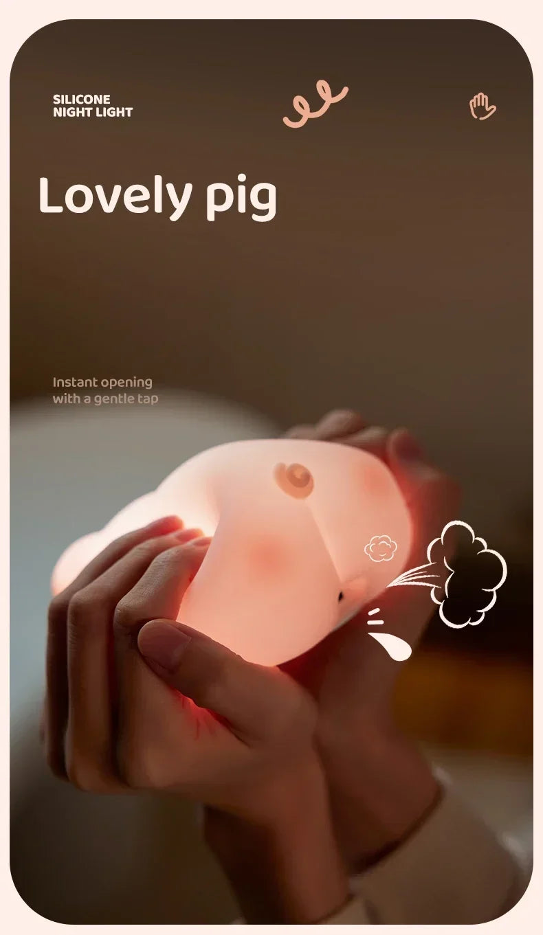 Piggy Bunny Night Light Led Table Lamp for Baby Nursery Room Decor Bedroom Bedside Rechargeable Dimmable Silicone Nightlight