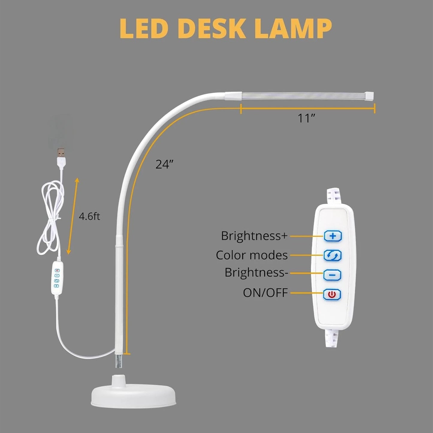 A LOOPITYS LED Desk Lamp with Swing Arm Long Flexible Gooseneck 3 Color Modes USB Adapter for Architect Task Lighting