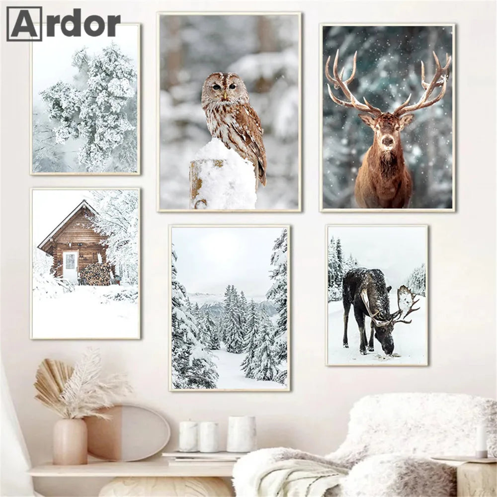 Winter Snow Forest House Wall Art Painting Fox Owl Deer Animal Canvas Poster Pine Prints Nordic Wall Pictures Living Room Decor