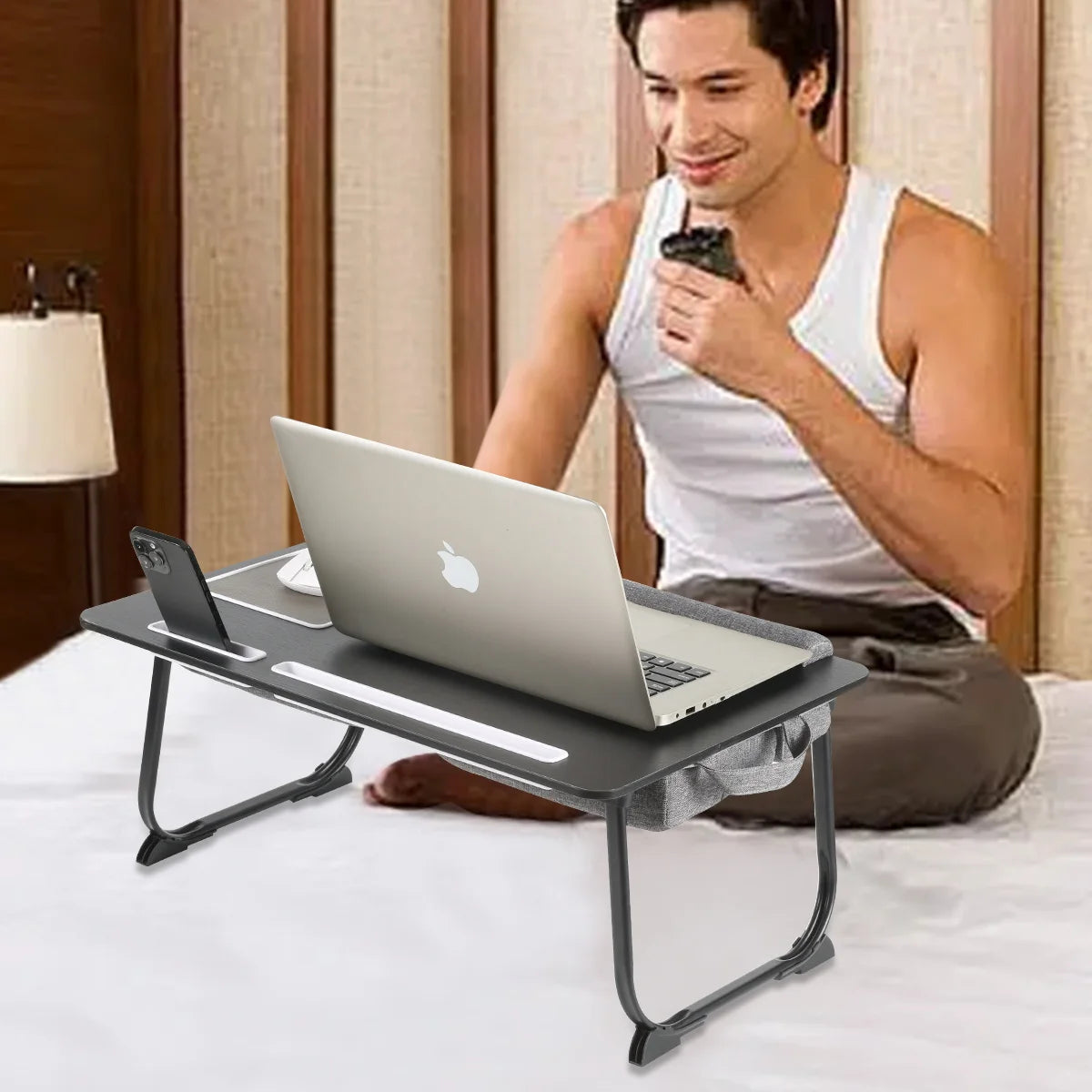 Portable Folding Laptop Bed Table MUMUCC with Cushion Handle Slot for Mouse Pad Wooden Gaming Desk for Computer