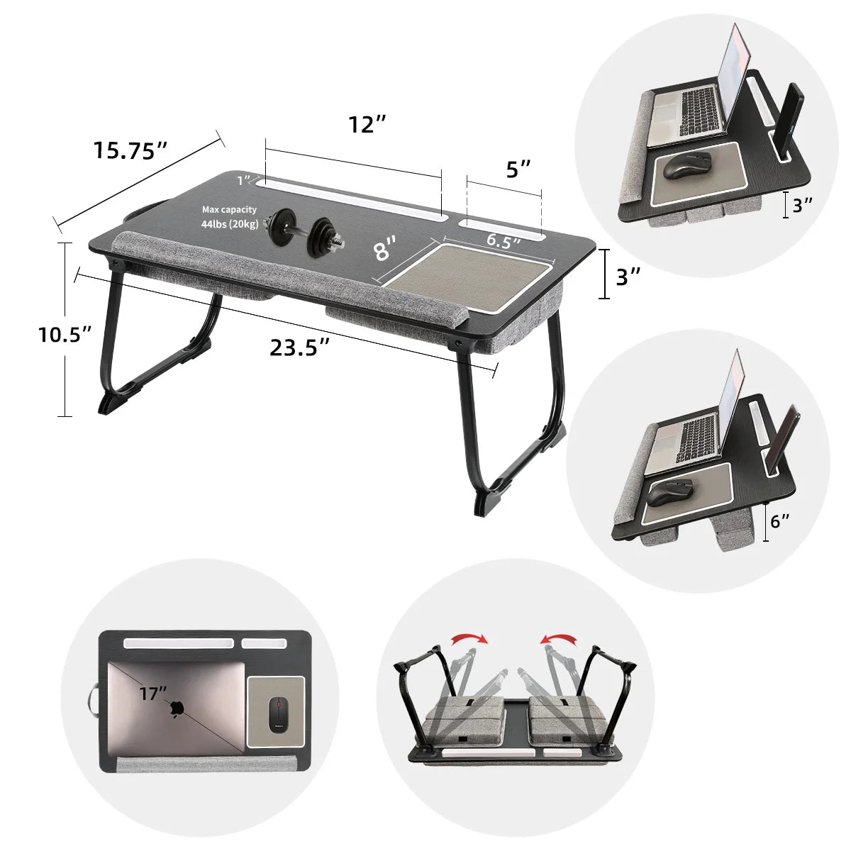 Portable Folding Laptop Bed Table MUMUCC with Cushion Handle Slot for Mouse Pad Wooden Gaming Desk for Computer