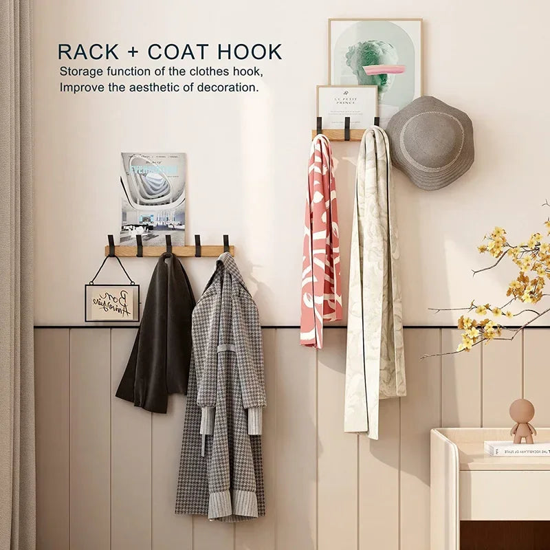 Wall Mounted Nordic Coat Rack with 5 Hooks Aluminum Clothing Rail for Hats Towels Robes Wooden Hanger Perchero Furniture