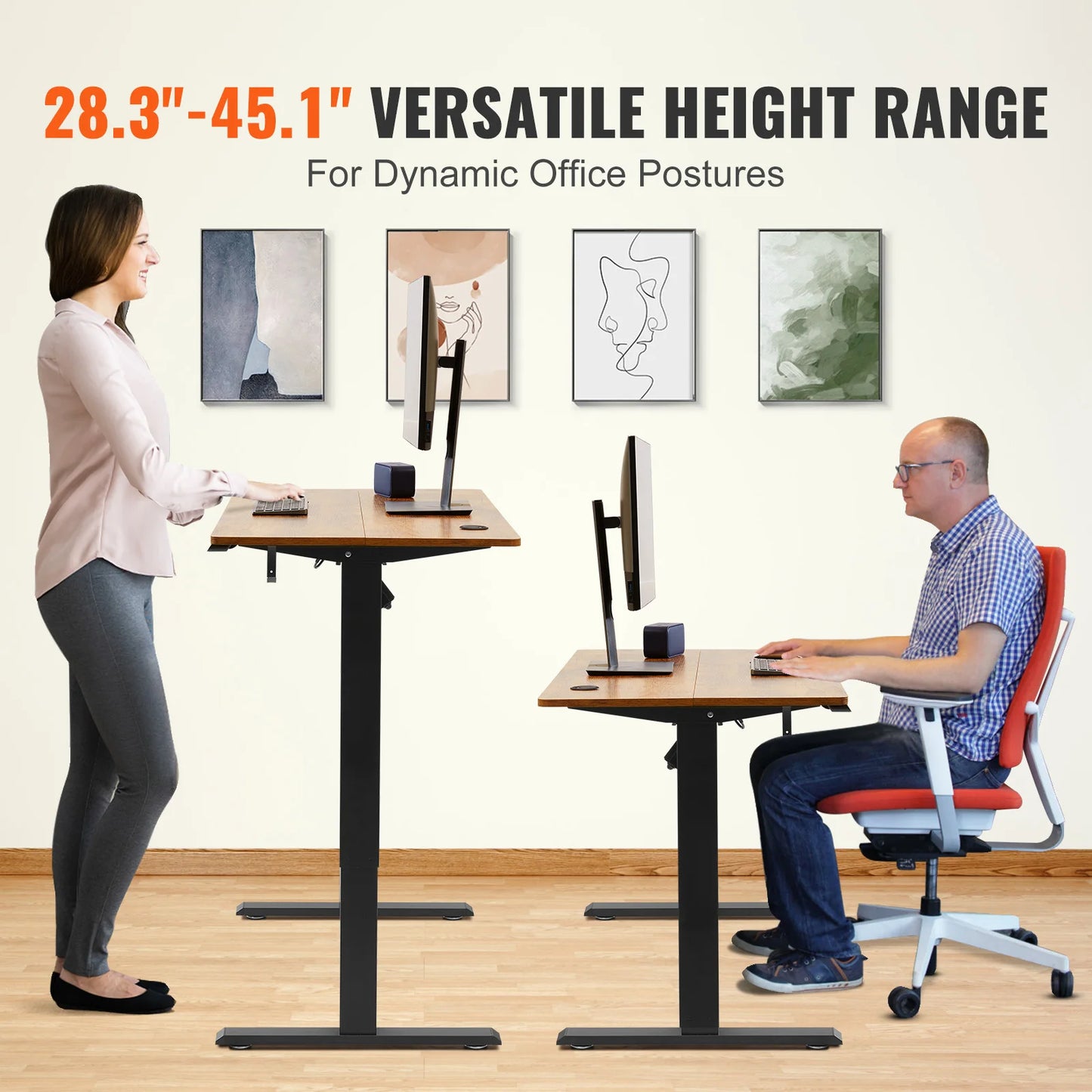 Height Adjustable Brown Desk by VEVOR Electric Standing Desk with Dual Metal Frame Sturdy 3-Key Modes Office Desk for Sit Stand Up