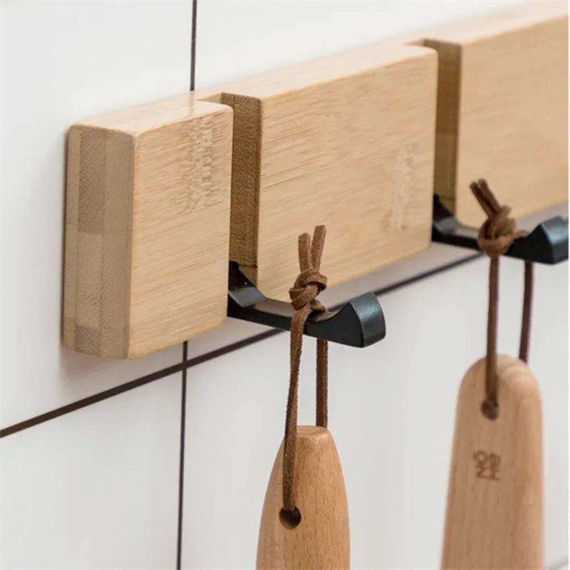 Short Foldable Bamboo Clothes Hooks Eye Catching Wall-mounted Door Hangers Household Coat Towel Shelf for Bathroom Hanging Rack