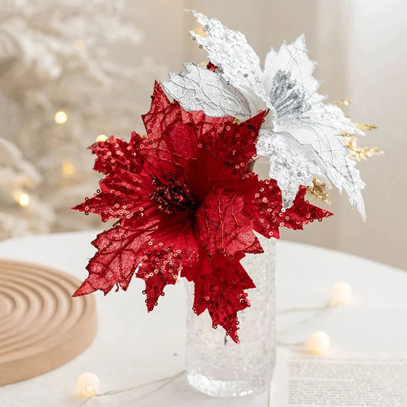 1PC Glitter Artificial Christmas Flowers Christmas Tree Decorations Home Fake Flowers Christmas Ornaments New Year Decorations