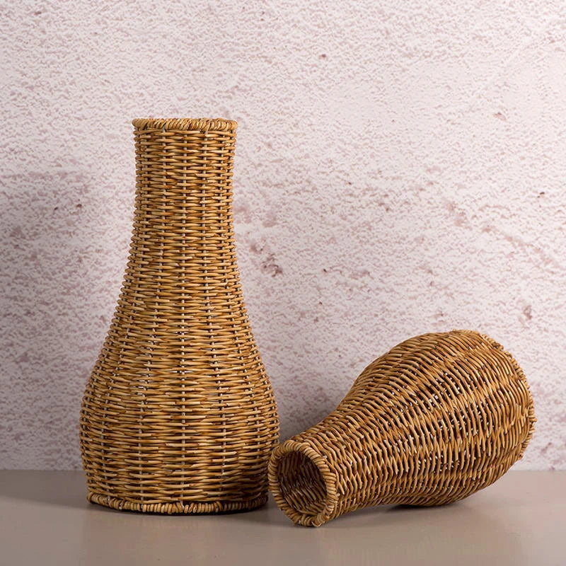 Retro Handmade Woven Vase Imitation Rattan Flower Plant Potted Flower Basket Bouquet Holder Wedding Home Office Table Decorative