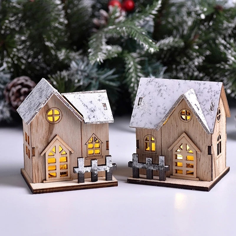 Merry Christmas LED Light Wooden House Decorations for Home DIY Xmas Tree Ornaments Short Eye Catching Kids Gifts New Year