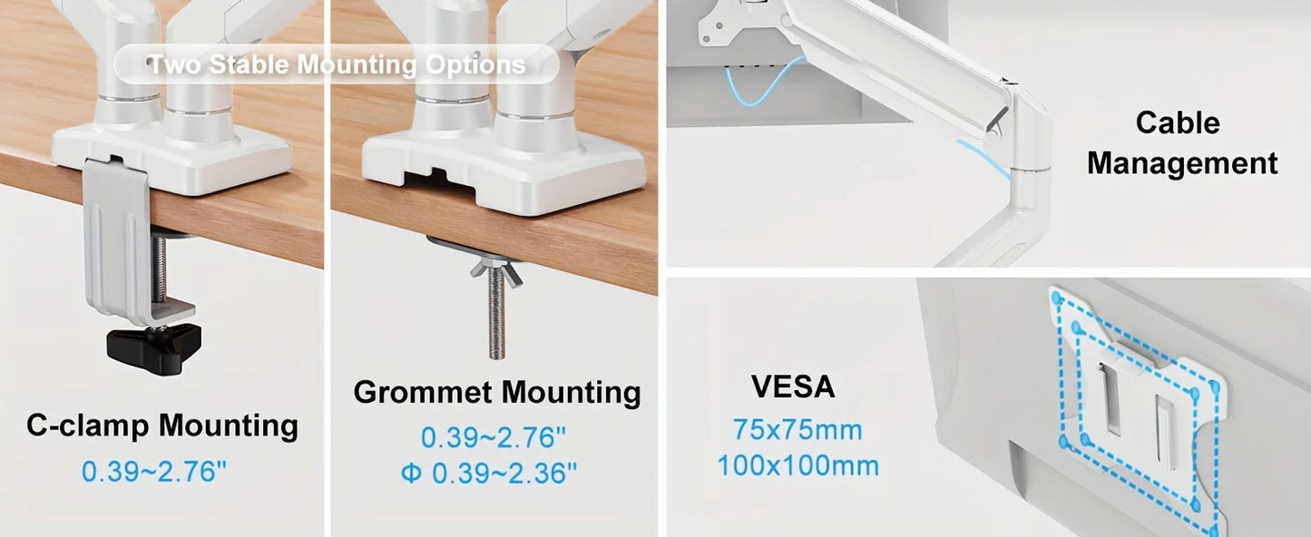 Adjustable Dual Monitor Arm with Gas Spring Monitor Stand for 13-32 Inches Screens Full Motion Eye-Catching Design