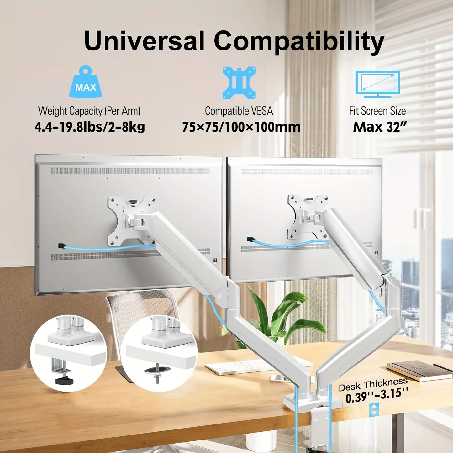 Adjustable Dual Monitor Arm with Gas Spring Monitor Stand for 13-32 Inches Screens Full Motion Eye-Catching Design