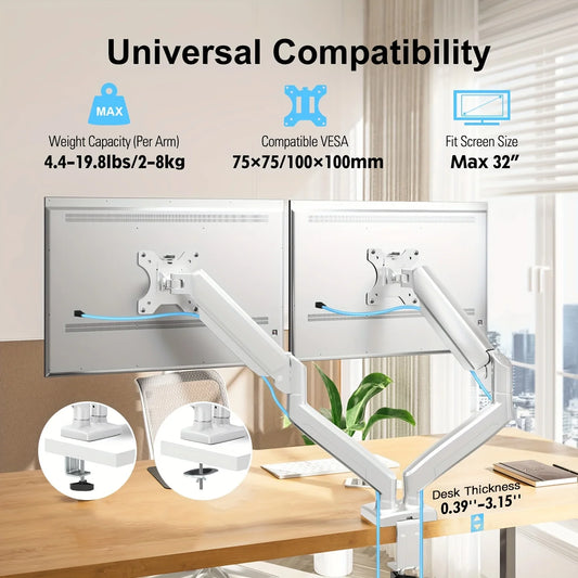 Adjustable Dual Monitor Arm with Gas Spring Monitor Stand for 13-32 Inches Screens Full Motion Eye-Catching Design