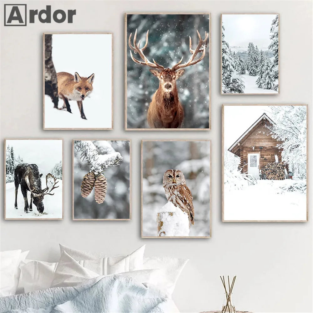 Winter Snow Forest House Wall Art Painting Fox Owl Deer Animal Canvas Poster Pine Prints Nordic Wall Pictures Living Room Decor