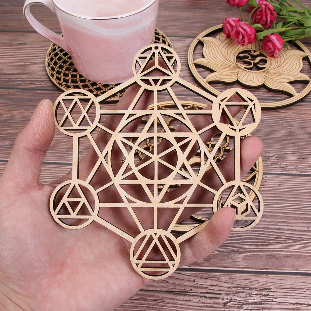 Wooden Wall Art Home Decor Flower Of Life Energy Mat Decorative Boards Crafts Slice Wood Base Coasters Sacred Geometry Ornament