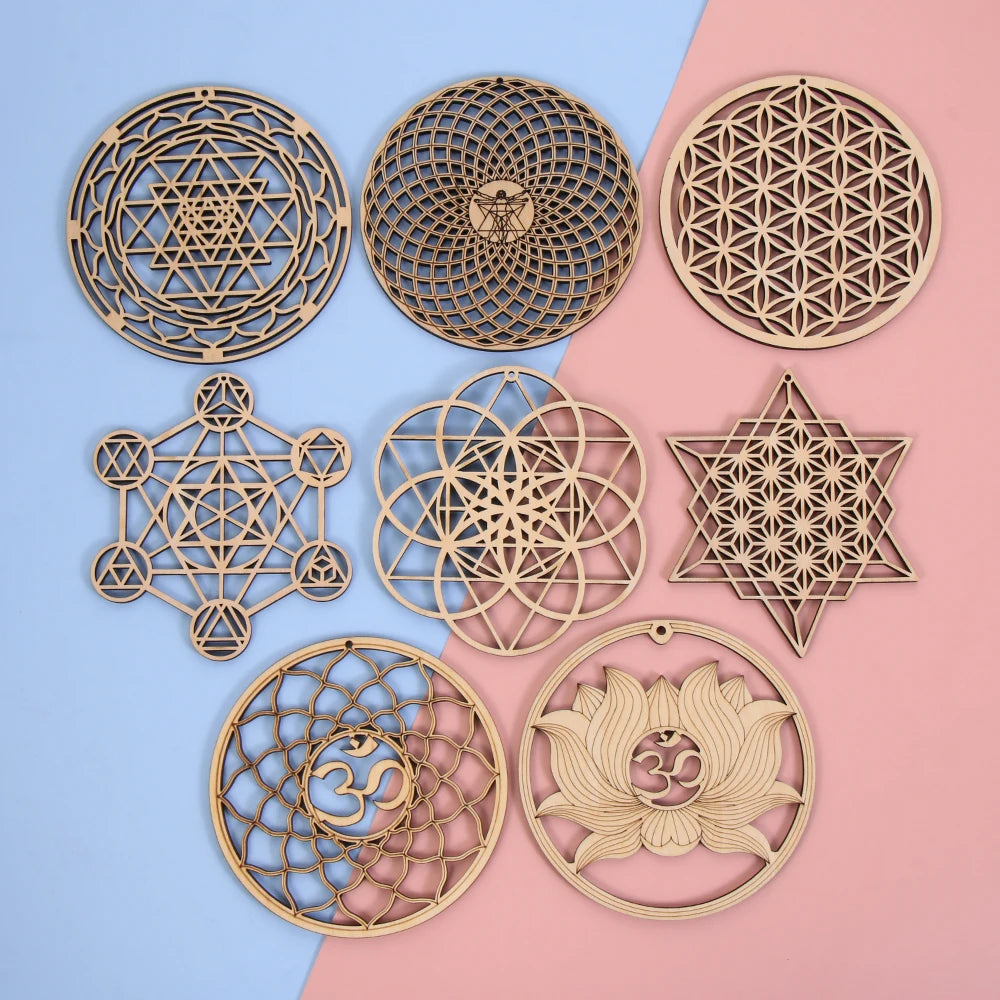 Wooden Wall Art Home Decor Flower Of Life Energy Mat Decorative Boards Crafts Slice Wood Base Coasters Sacred Geometry Ornament