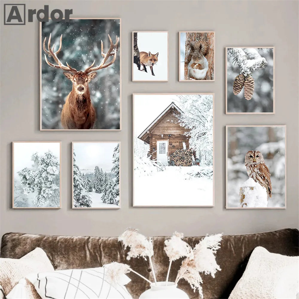 Winter Snow Forest House Wall Art Painting Fox Owl Deer Animal Canvas Poster Pine Prints Nordic Wall Pictures Living Room Decor