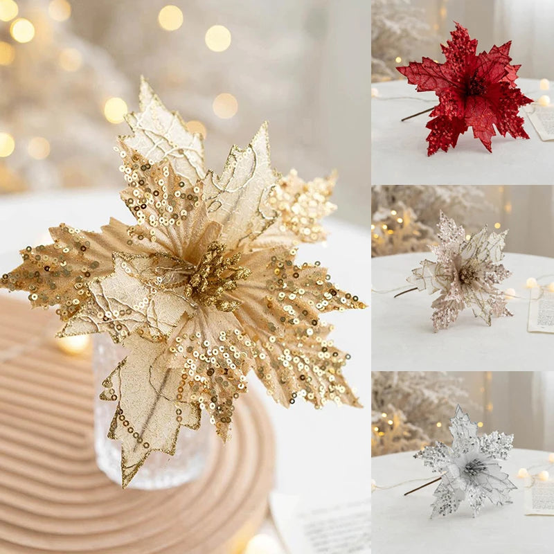 1PC Glitter Artificial Christmas Flowers Christmas Tree Decorations Home Fake Flowers Christmas Ornaments New Year Decorations