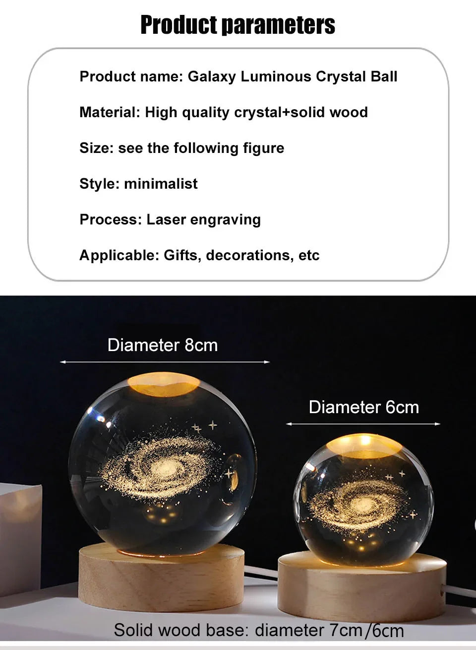 Gift Festival USB LED Night Light, Galaxy Crystal Ball Lamp, 3D Planet Moon Lamp, Home Decoration