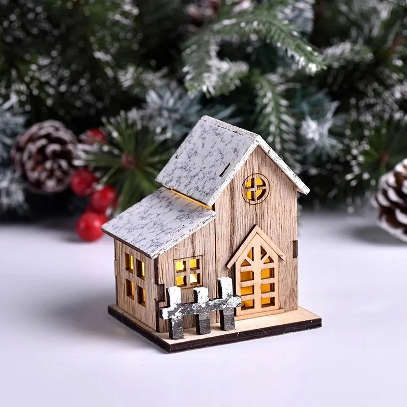 Merry Christmas LED Light Wooden House Decorations for Home DIY Xmas Tree Ornaments Short Eye Catching Kids Gifts New Year