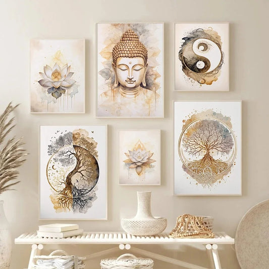 Nordic Tree of Life & Buddha Canvas Prints Modern Buddhist Lotus & Tai Chi Yoga Wall Art Poster for Living Room Spiritual Decor