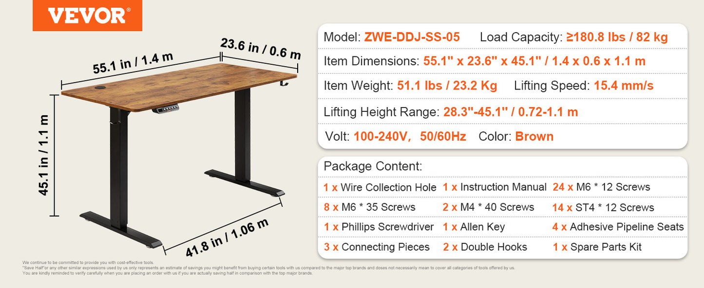 Height Adjustable Brown Desk by VEVOR Electric Standing Desk with Dual Metal Frame Sturdy 3-Key Modes Office Desk for Sit Stand Up