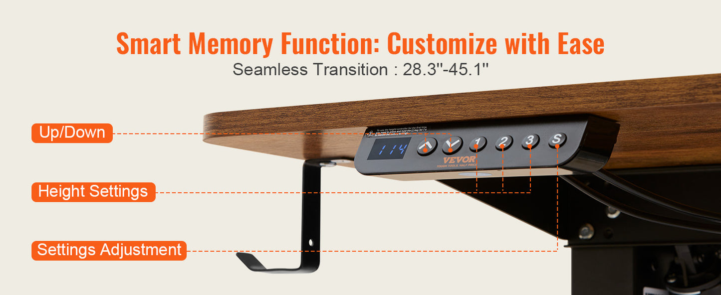 Height Adjustable Brown Desk by VEVOR Electric Standing Desk with Dual Metal Frame Sturdy 3-Key Modes Office Desk for Sit Stand Up