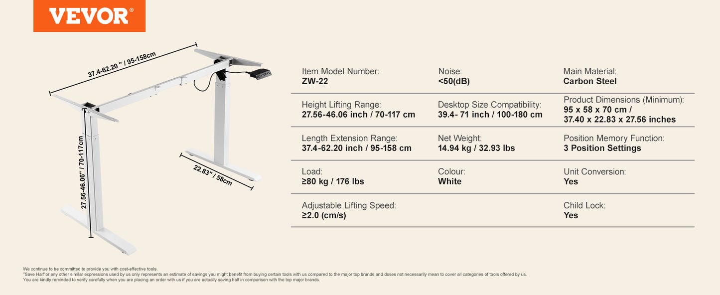 Ergonomic Adjustable Standing Desk Frame by VEVOR 70-117cm Height with Electric Legs for Home Office