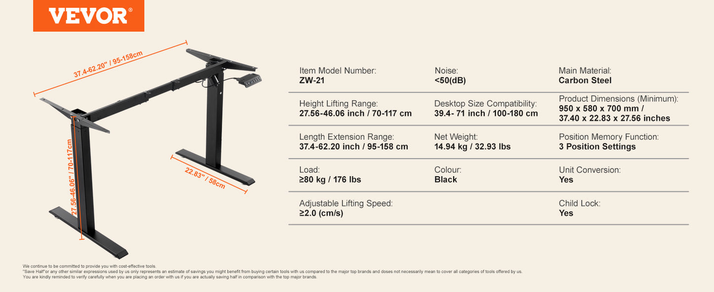 Ergonomic Adjustable Standing Desk Frame by VEVOR 70-117cm Height with Electric Legs for Home Office