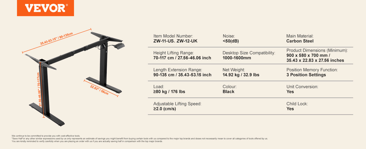 Ergonomic Adjustable Standing Desk Frame by VEVOR 70-117cm Height with Electric Legs for Home Office